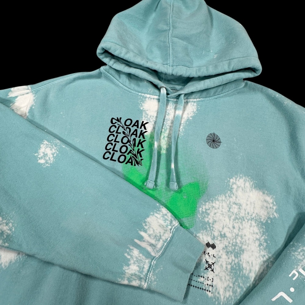 CLOAK Brand Hoodie Mens 2XL Teal Bleach Wash Graphic Pullover‎ Gamer Streetwear